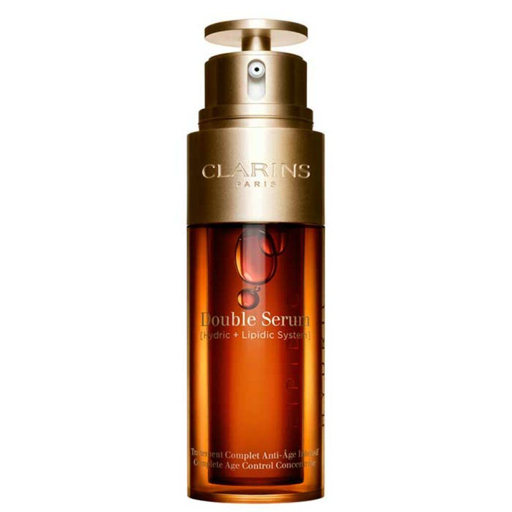 Flacone di siero con dosatore. Liquido marrone visibile. Testo: Clarins, Double Serum, Anti-Age.