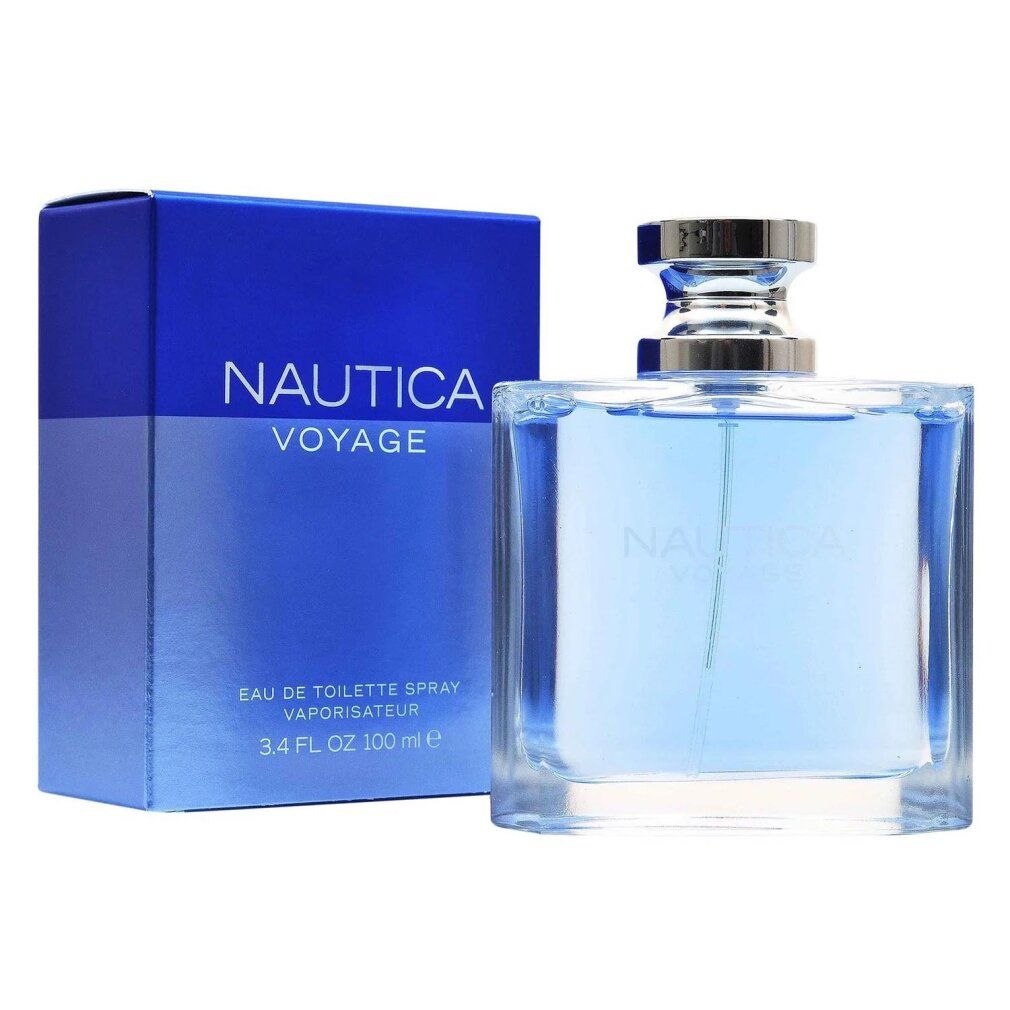 Flacone blu e scatola. Scritta: NAUTICA VOYAGE. Flacone con tappo argentato. Scatola con sfumatura di colore.