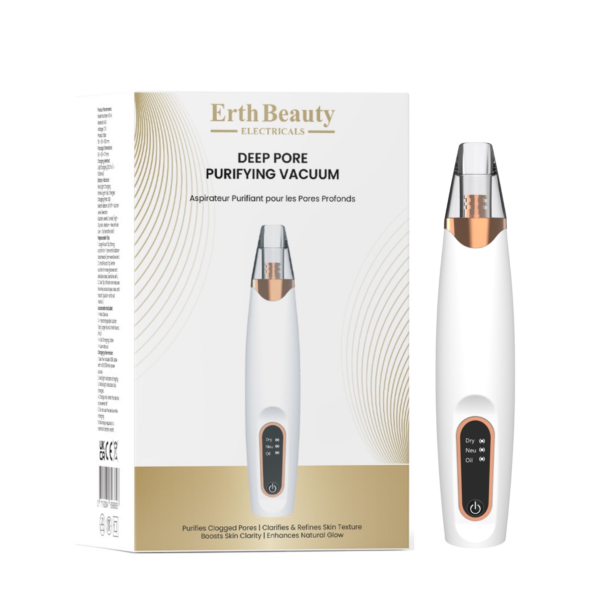 Dispositivo e confezione. Dispositivo bianco con accenti dorati. Confezione con testo: Erth Beauty Deep Pore Purifying Vacuum.