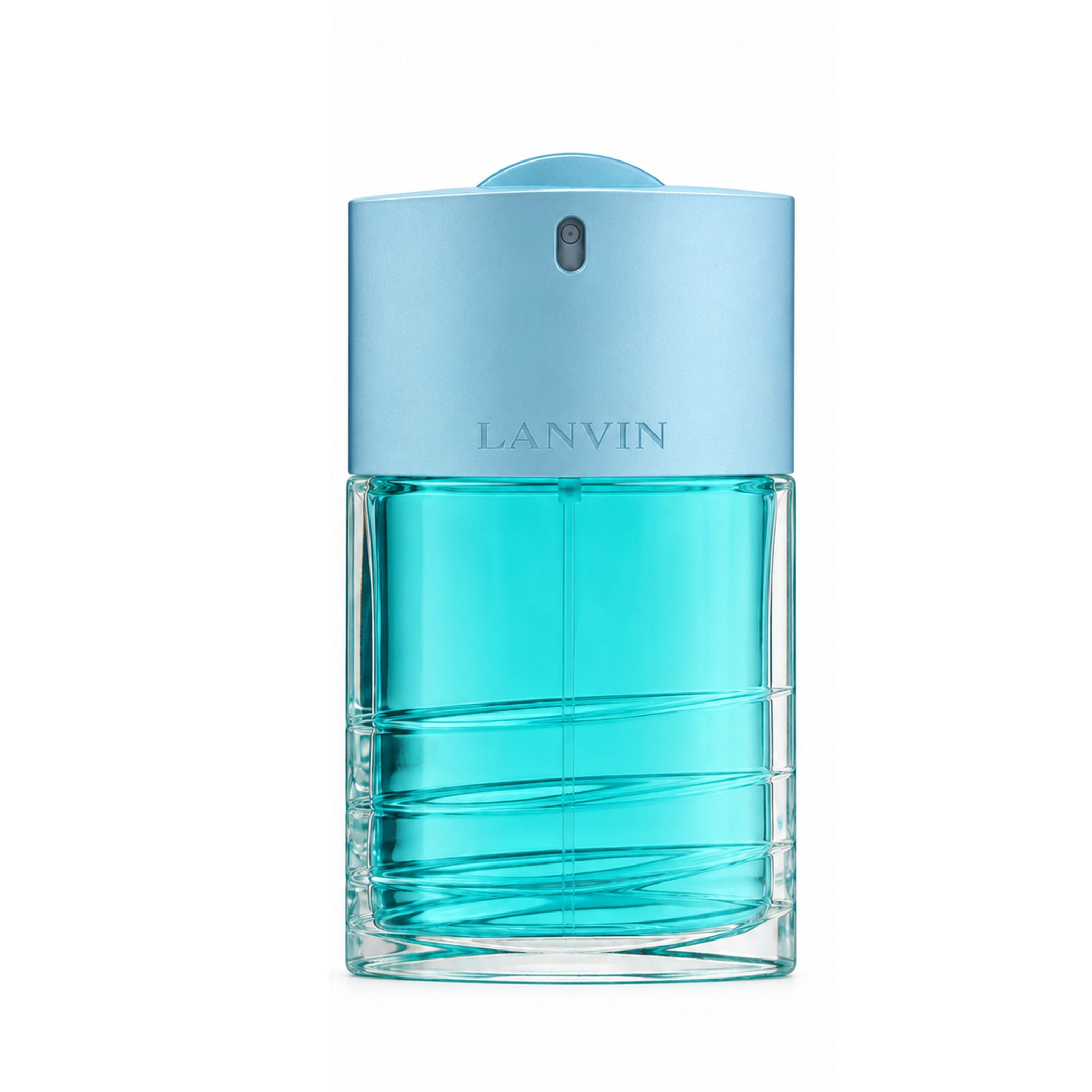 Flacone Lanvin Oxygene Homme Eau de Toilette, liquido blu, vetro scanalato.