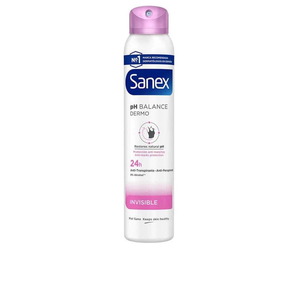 Spray Sanex pH Balance Dermo Invisible. Flacone bianco con erogatore rosa. Scritte: Invisible, pH Balance Dermo, Sanex.