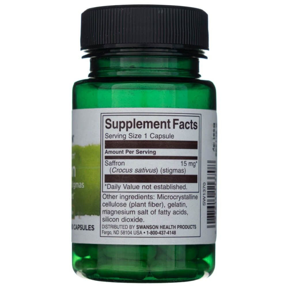 Retro del flacone SWANSON Zafferano 15mg con informazioni nutrizionali e ingredienti.