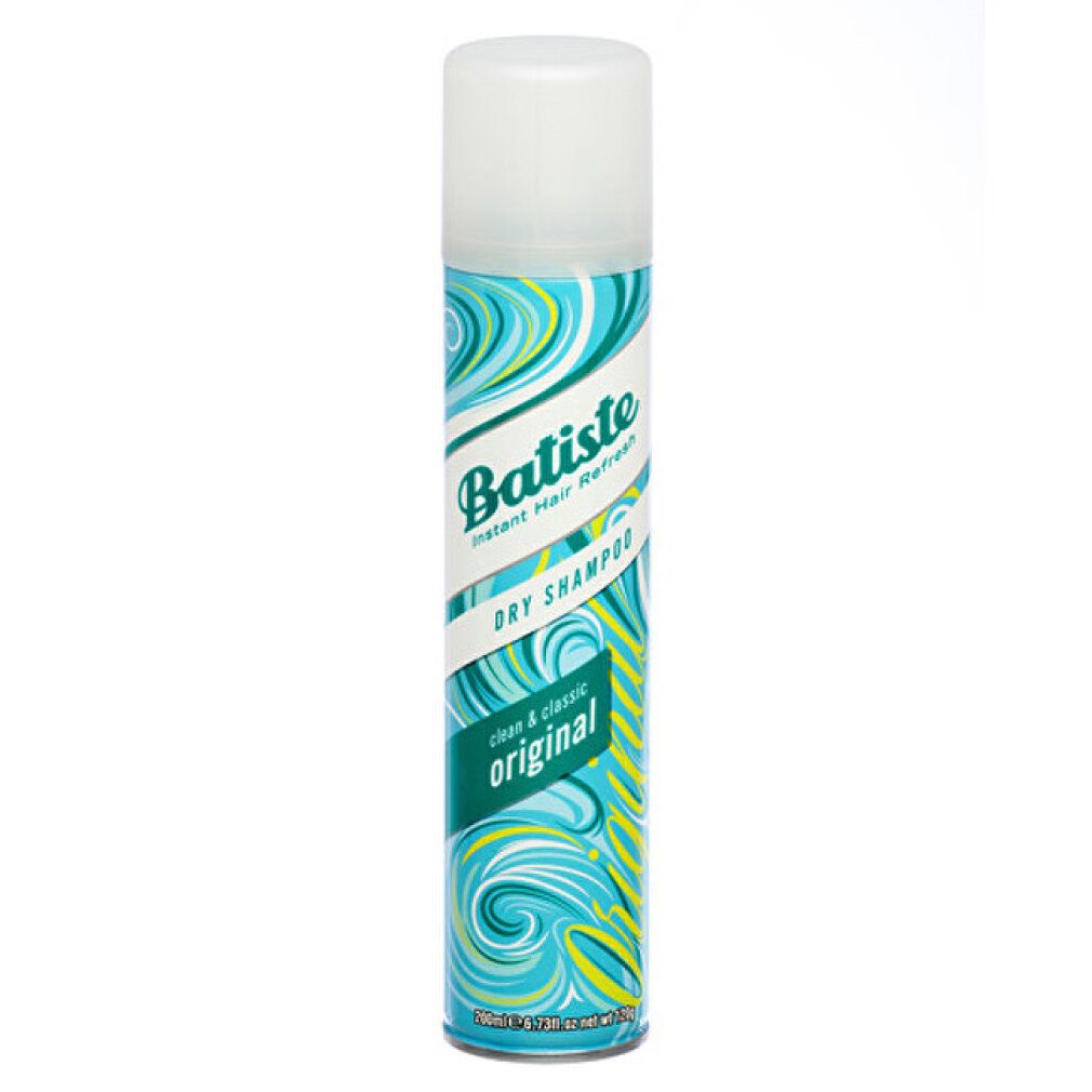 Bomboletta cilindrica con tappo bianco. Scritta: Batiste Dry Shampoo, Original. Motivo turchese e giallo. Testo multilingue.