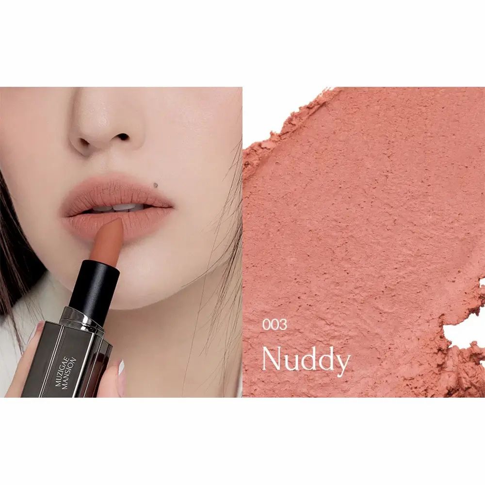 Rossetto nude. Campione di colore a destra. Testo: 003 Nuddy.