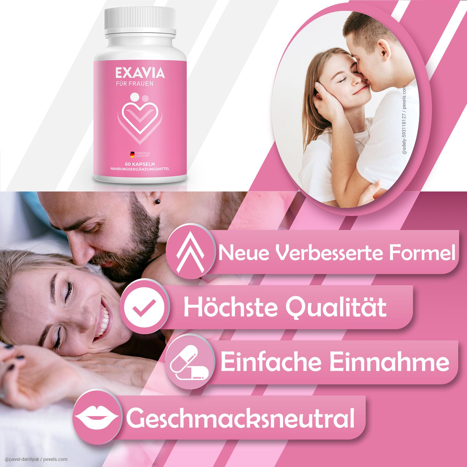 Flacone rosa con tappo bianco. Scritta: EXAVIA PER DONNE. Logo cuore. 60 capsule. Testo: Nuova formula migliorata, alta qualità, facile assunzione.