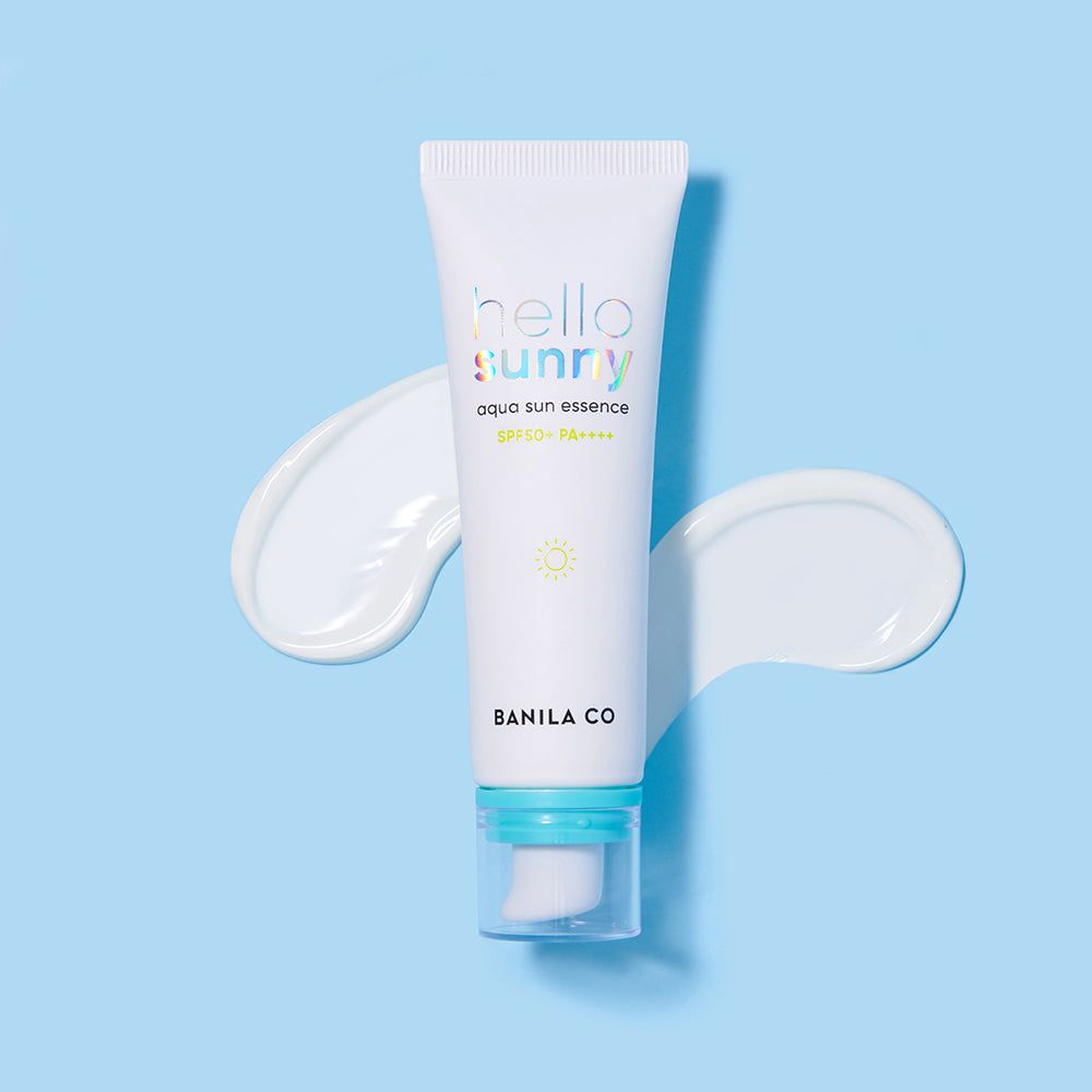 BANILA CO Hello Sunny Aqua Sun Essence SPF50+ PA++++ con campione di prodotto.