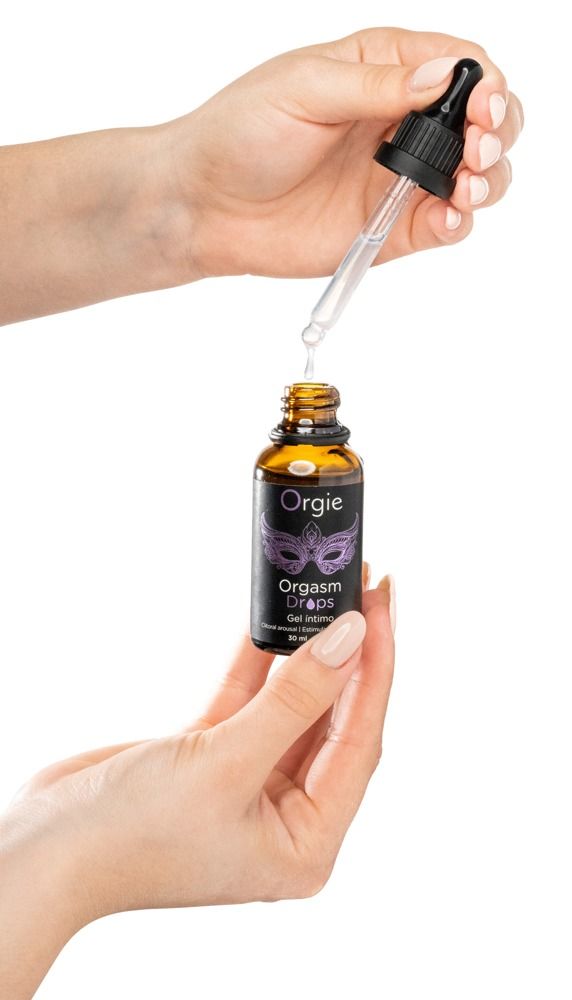 Flacone Orgie Orgasm Drops con contagocce e design a maschera.