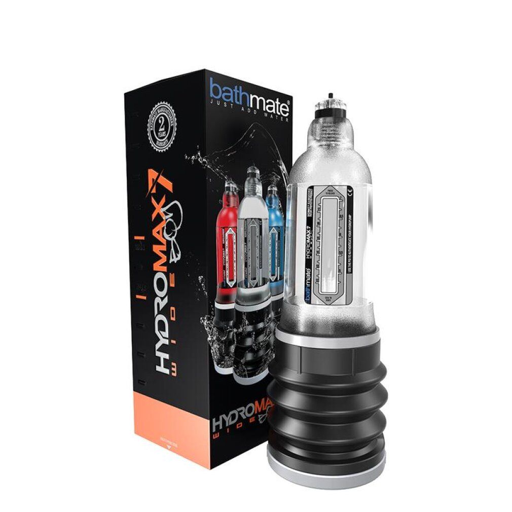 Bathmate Hydromax7 Wide Boy con confezione. Cilindro trasparente con soffietto nero.