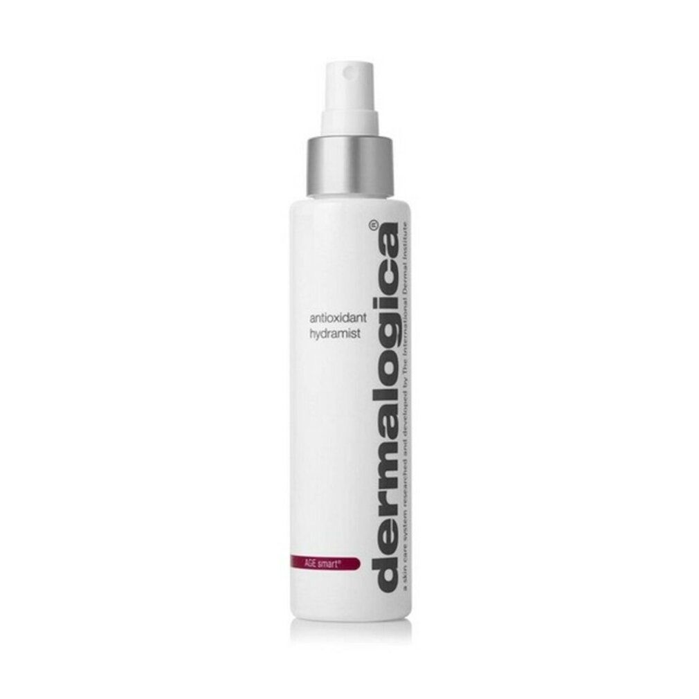 Flacone bianco con vaporizzatore. Scritta: antioxidant hydramist. Marchio: Dermalogica. Striscia rossa con testo.