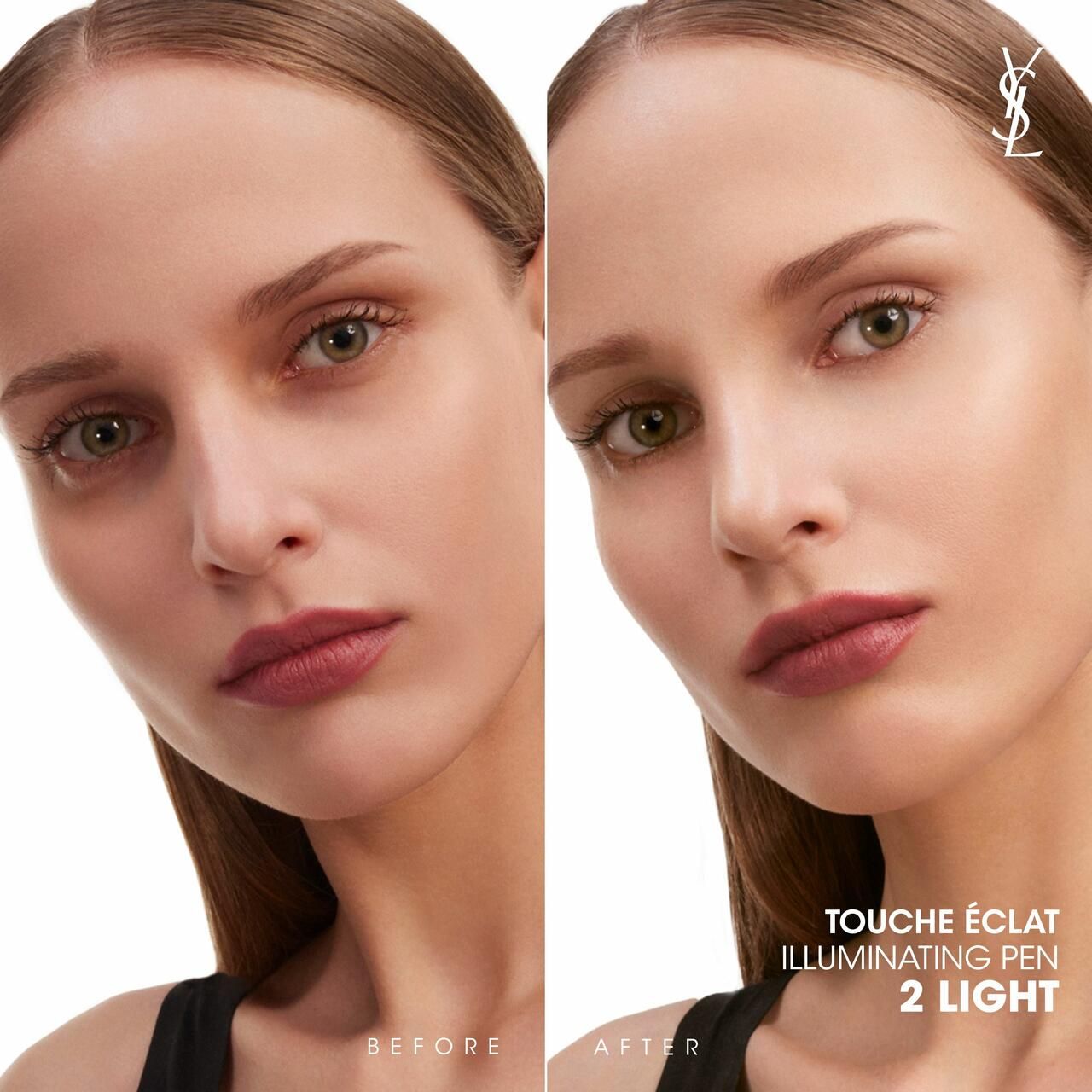 Confronto prima-dopo. Donna con e senza prodotto. Scritta: Touche Éclat Illuminating Pen 2 Light.