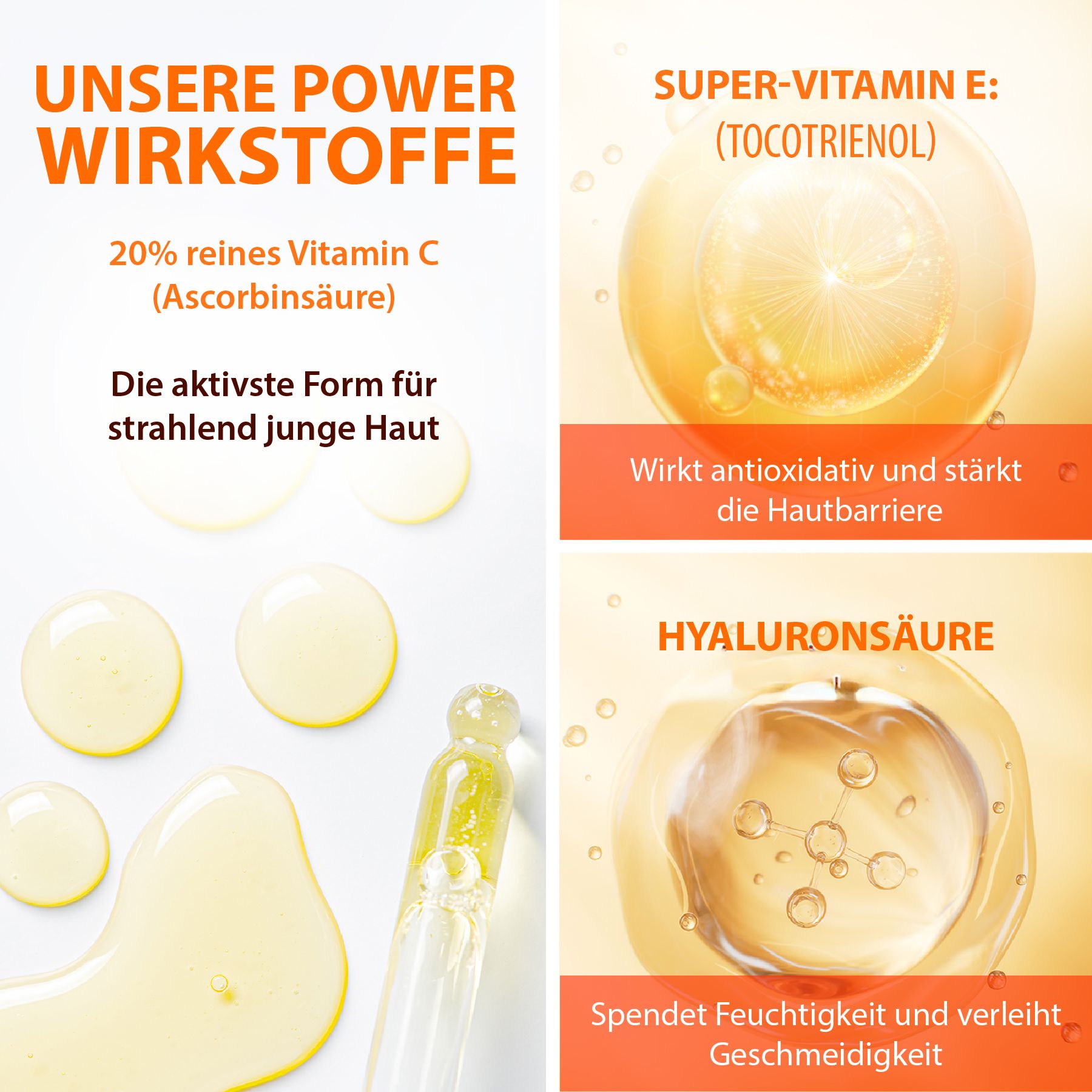 Grafica con gocce di siero e ingredienti. Testo: 20% di vitamina C pura, acido ialuronico, Super-vitamina E. Antiossidante, idrata.