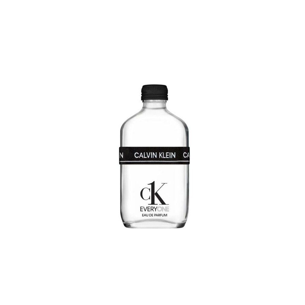 Flacone trasparente con tappo nero e fascia CALVIN KLEIN. Scritta: ck EVERYONE Eau de Parfum.