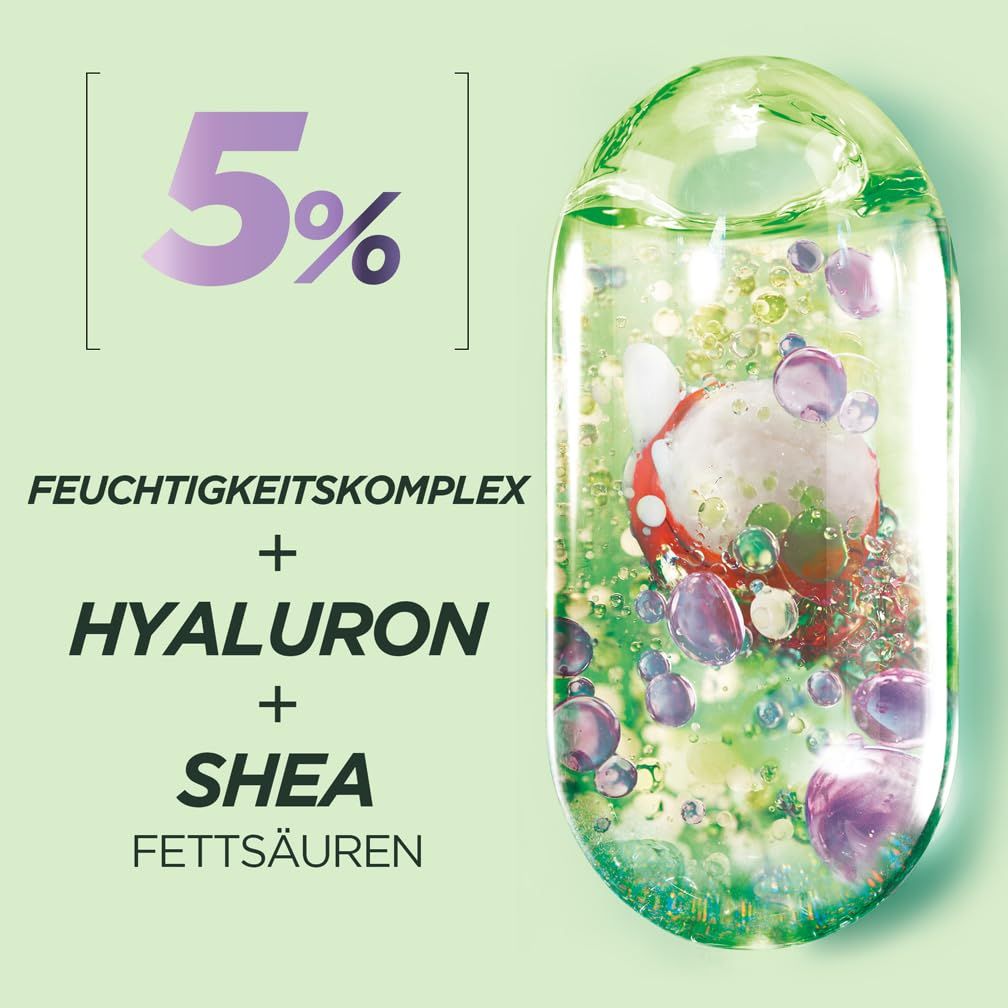 Illustrazione degli ingredienti: Complesso idratante, Ialuron, Acidi grassi di karité. Testo: 5%.