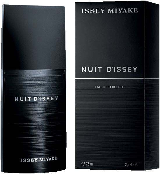 Flacone e confezione neri. Scritta: Nuit d'Issey, Eau de Toilette. Marchio: Issey Miyake. 75 ml.