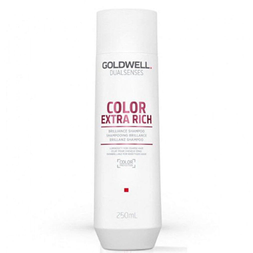 Flacone cilindrico bianco. Scritta: GOLDWELL DUALSENSES COLOR EXTRA RICH. 250ml. Per capelli colorati.