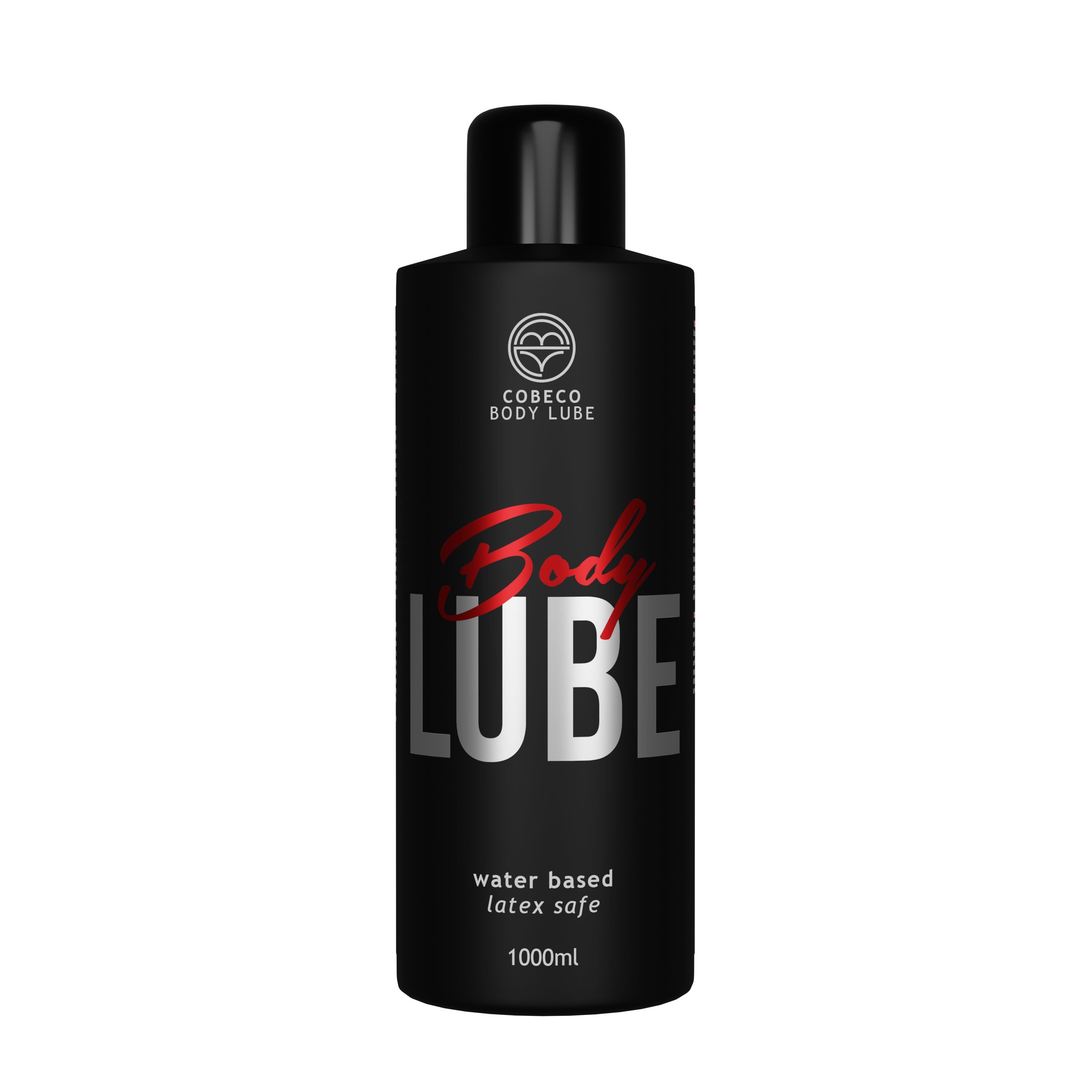 Flacone nero con tappo nero. Scritta: Body Lube, a base d'acqua, senza lattice, 1000 ml. Logo: Cobeco Bodylube.