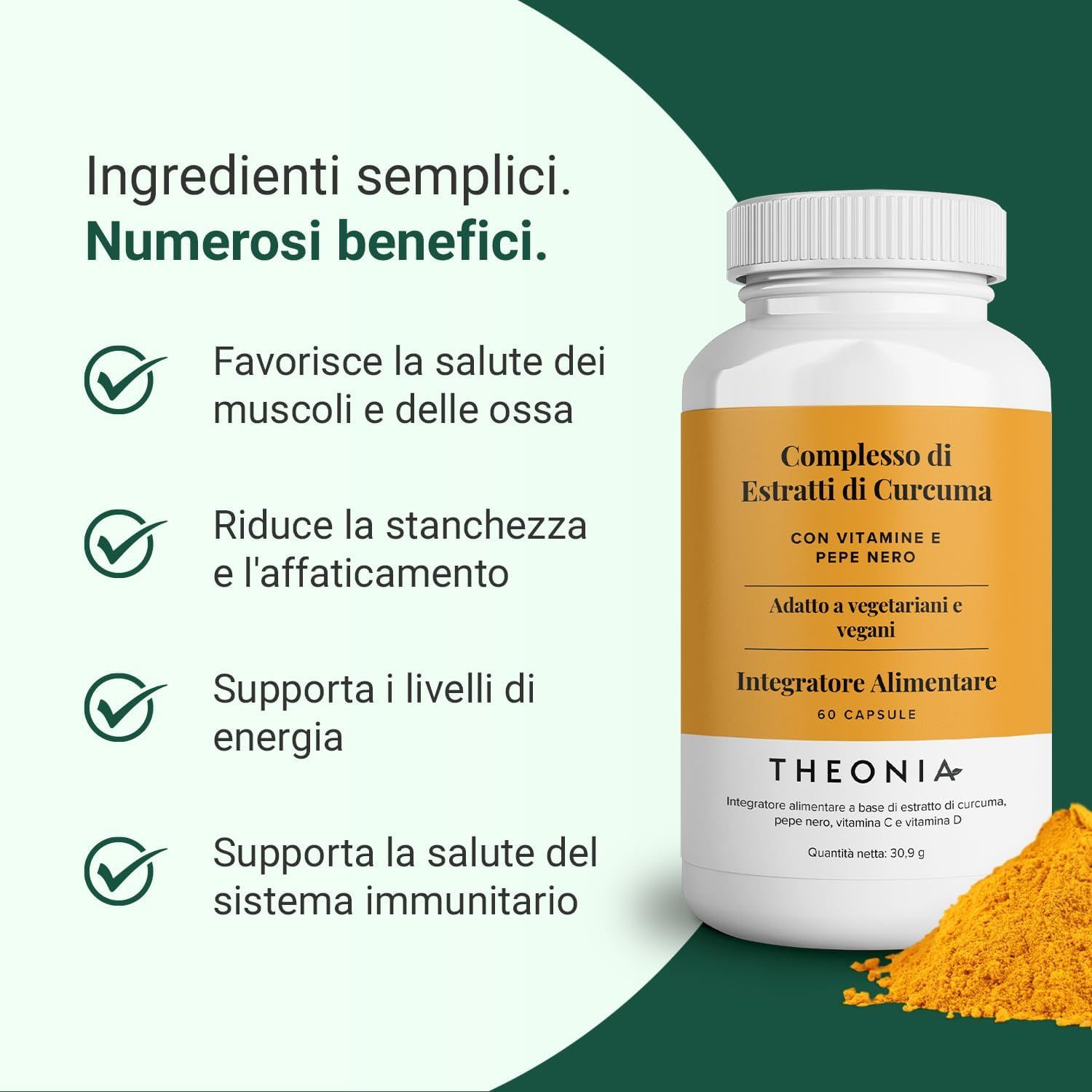 Flacone bianco con etichetta gialla. Scritta: Comp. di Estratti di Curcuma, con Vitamina E e Pepe Nero. 60 capsule.