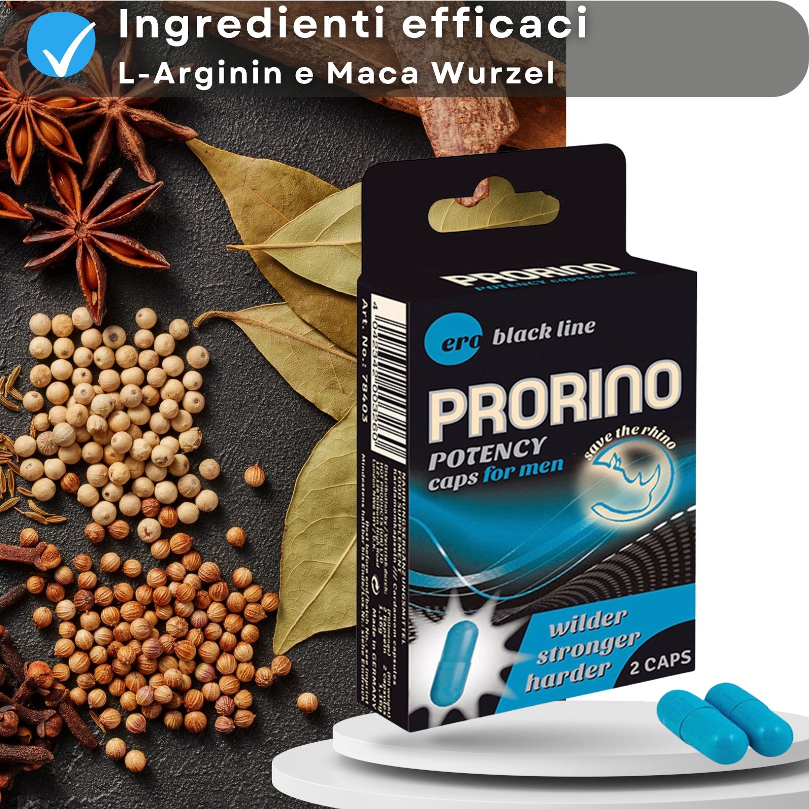 Prorino capsule per uomini. Confezione e 2 capsule. Ingredienti sullo sfondo.