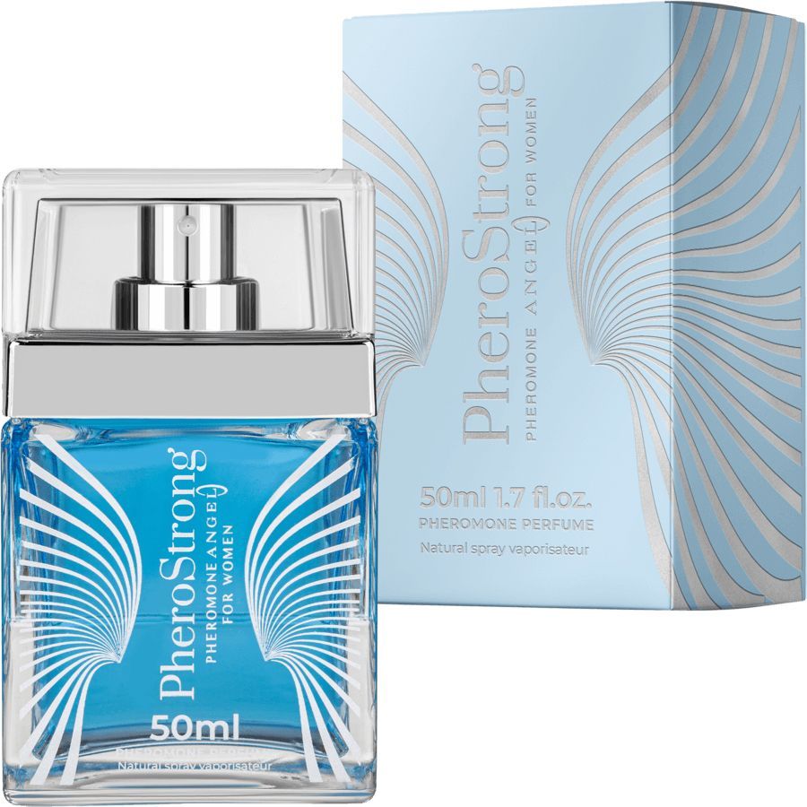 PheroStrong Profumo feromoni per donna, 50ml. Flacone con spray argentato e liquido blu. Scatola di confezione accanto.