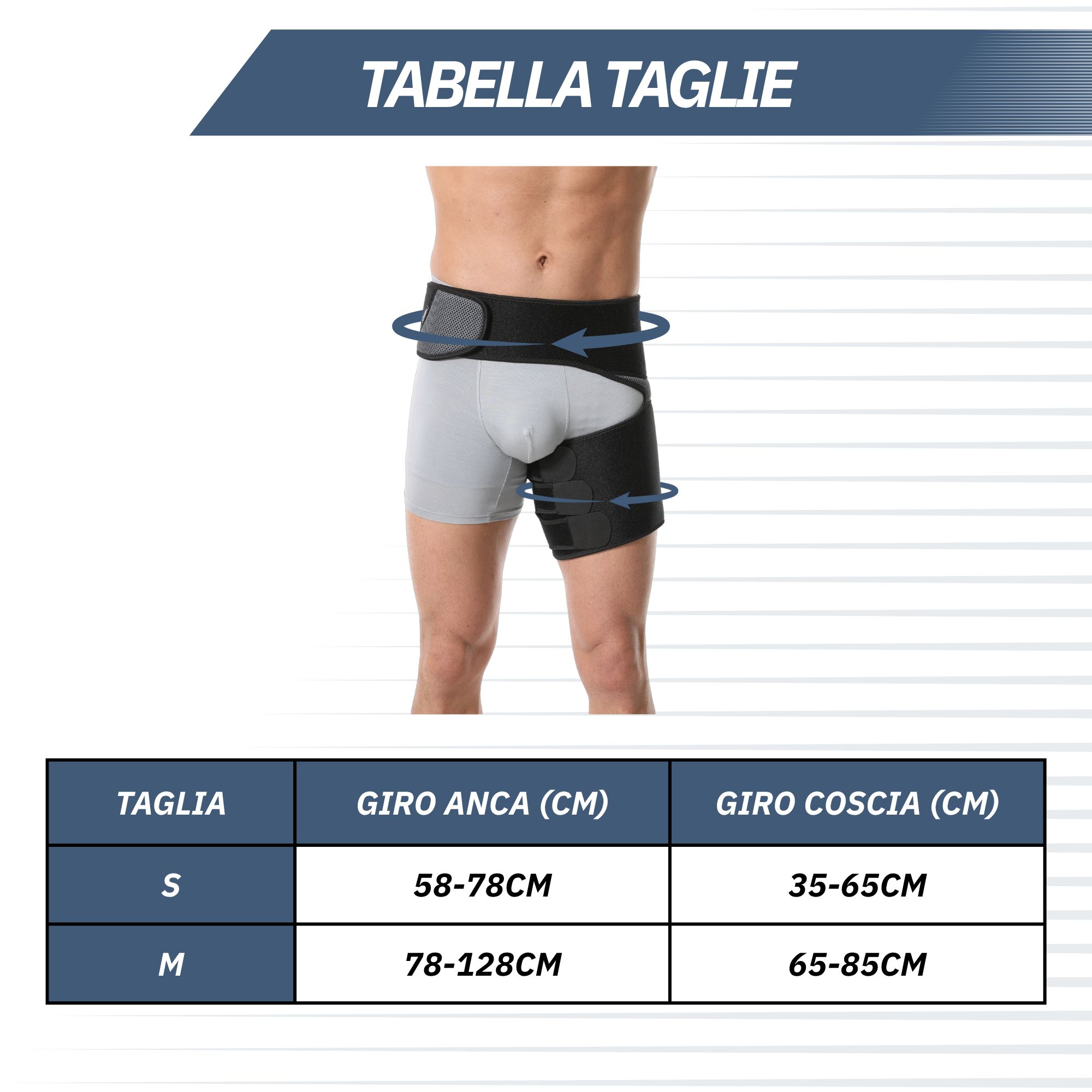 Tabella taglie per bendaggio anca e coscia: S (fianchi 58-78cm, coscia 35-65cm), M (fianchi 78-128cm, coscia 65-85cm).