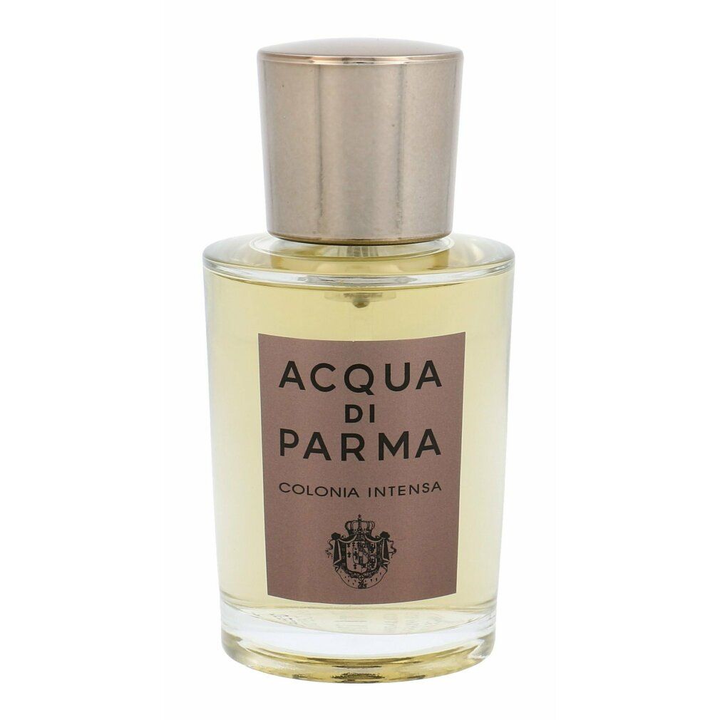 Flacone in vetro con tappo dorato. Etichetta con testo: ACQUA DI PARMA, COLONIA INTENSA. Eau de Cologne Natural Spray.