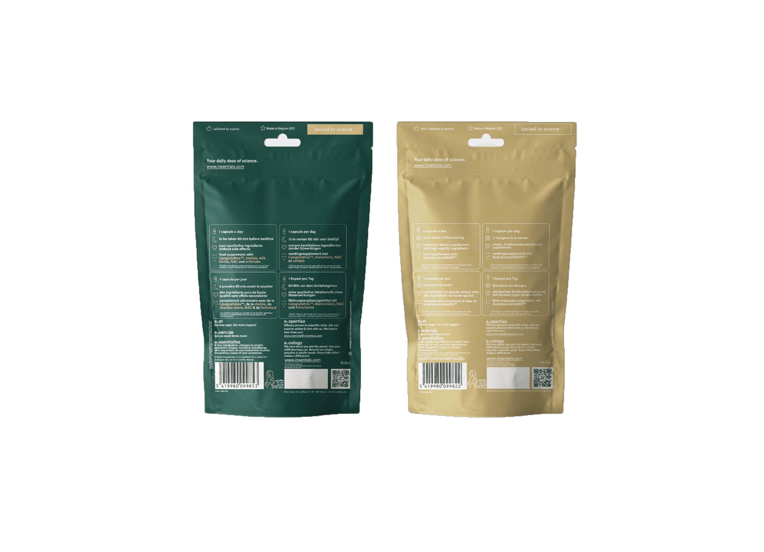 Retro di due buste: una busta verde e una busta dorata con informazioni sul prodotto.