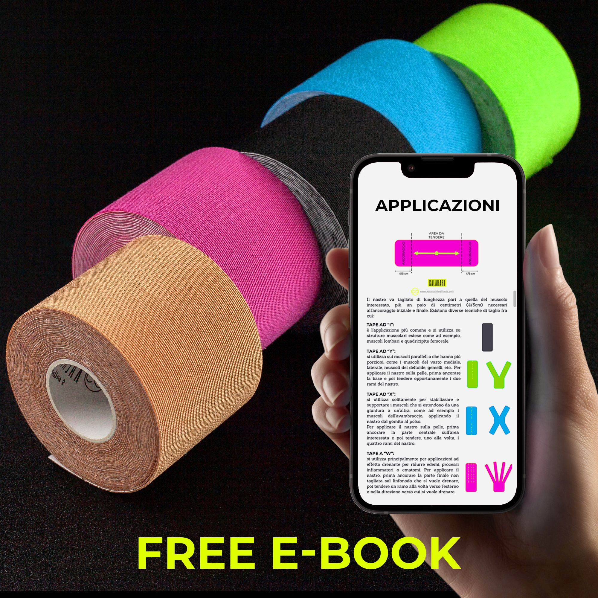 Diversi rotoli di nastro kinesiologico in vari colori e uno smartphone con app di istruzioni.