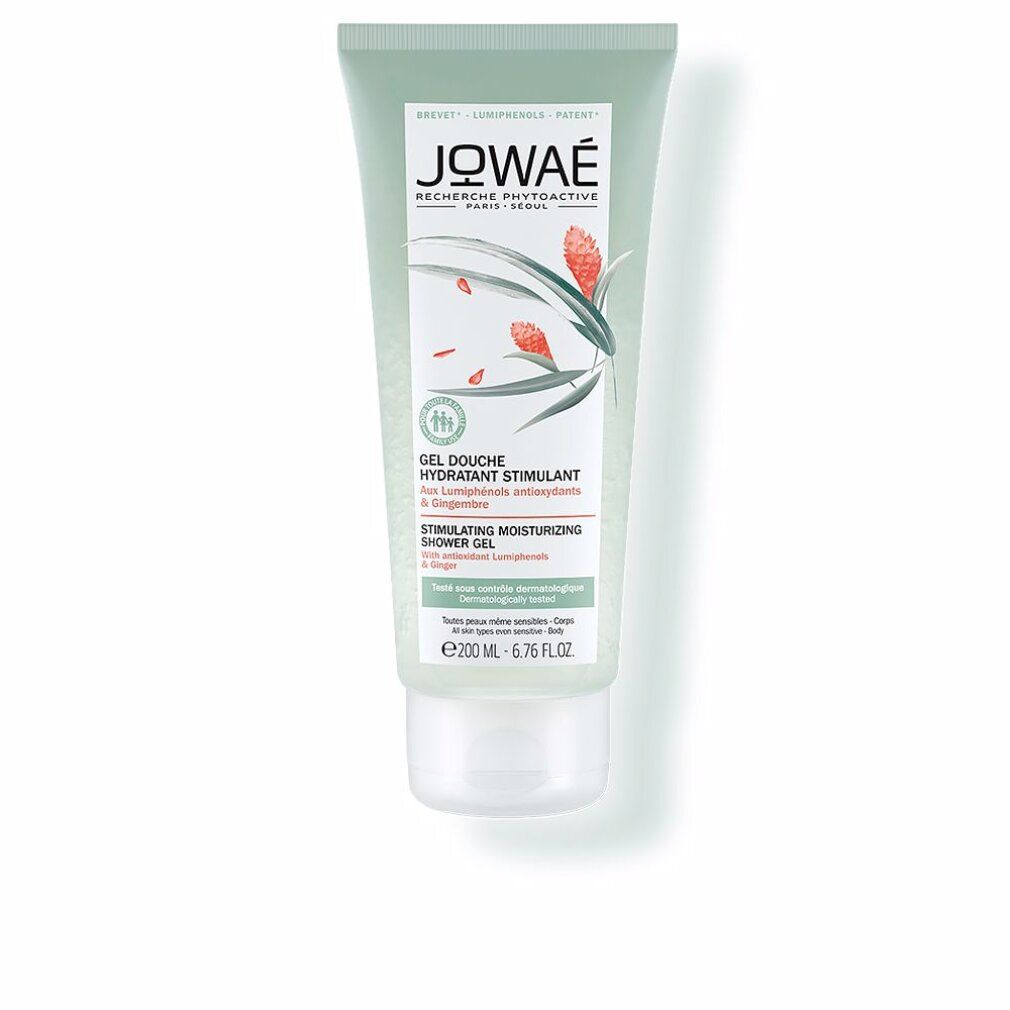 Tubo verde di gel doccia Jowae. Testo: Gel Douche Hydratant Stimulant, Zenzero. 200 ml. Dermatologicamente testato.