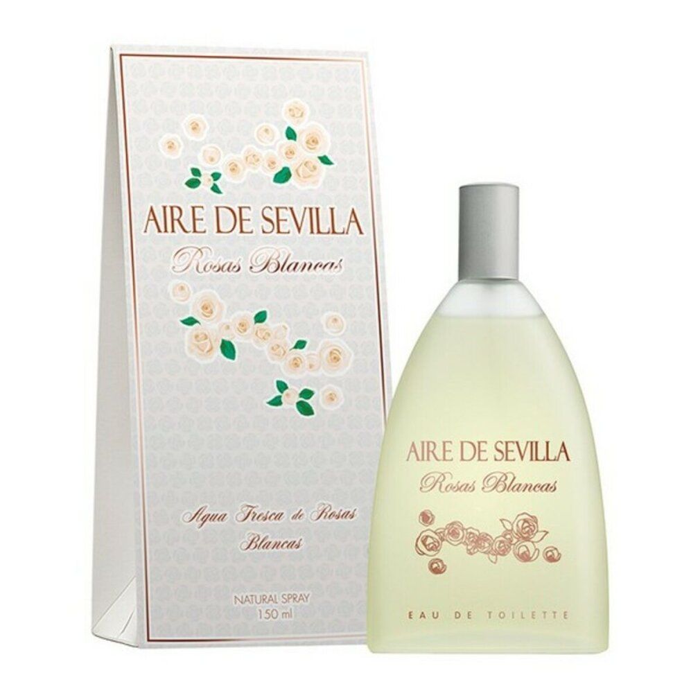 Flacone di profumo e confezione. Scritta: Aire de Sevilla Rosas Blancas. Confezione con decoro floreale. Eau de Toilette.