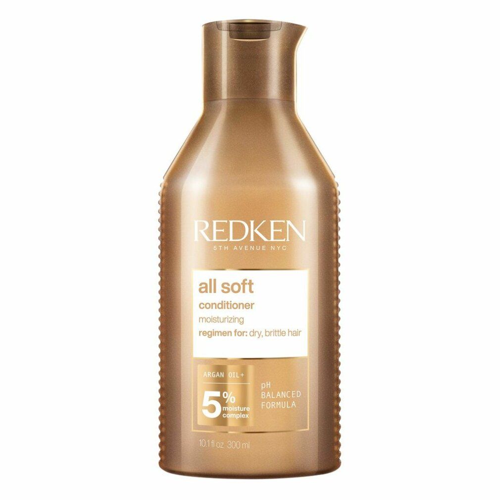 Flacone marrone Redken All Soft Conditioner. Scritta: All Soft, Conditioner, pH Balanced Formula. Flacone con beccuccio.
