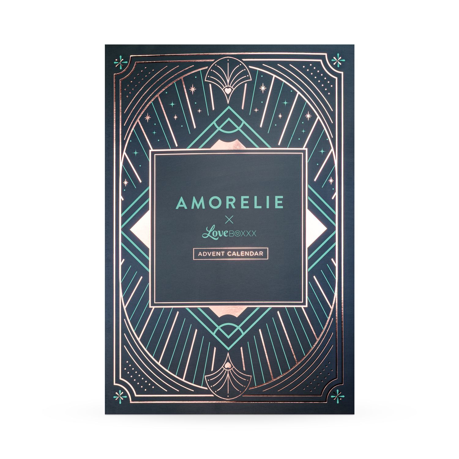 Fronte del calendario dell'Avvento. Design rettangolare con motivi geometrici e logo AMORELIE x Loveboxxx.
