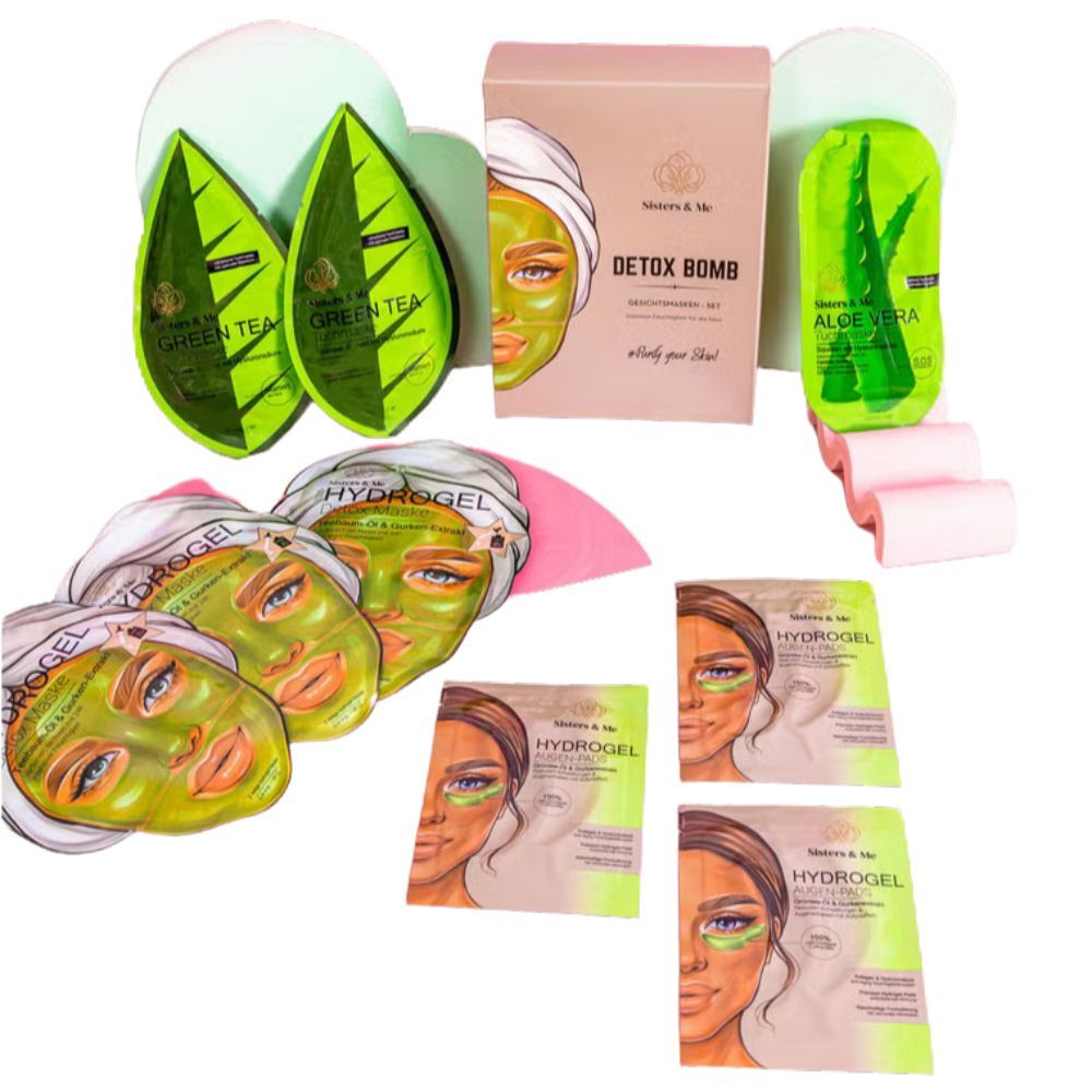 Varie maschere per il viso e patch per gli occhi. Confezioni con "Hydrogel" e "Aloe Vera". Verde, bianco, rosa. Singole maschere.