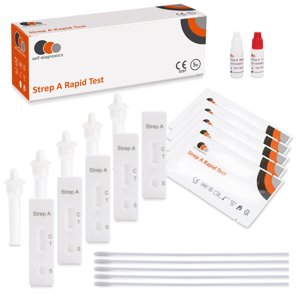 Kit per test streptococco. Contiene strisce reattive, flaconi, tamponi e istruzioni. Confezione con logo.