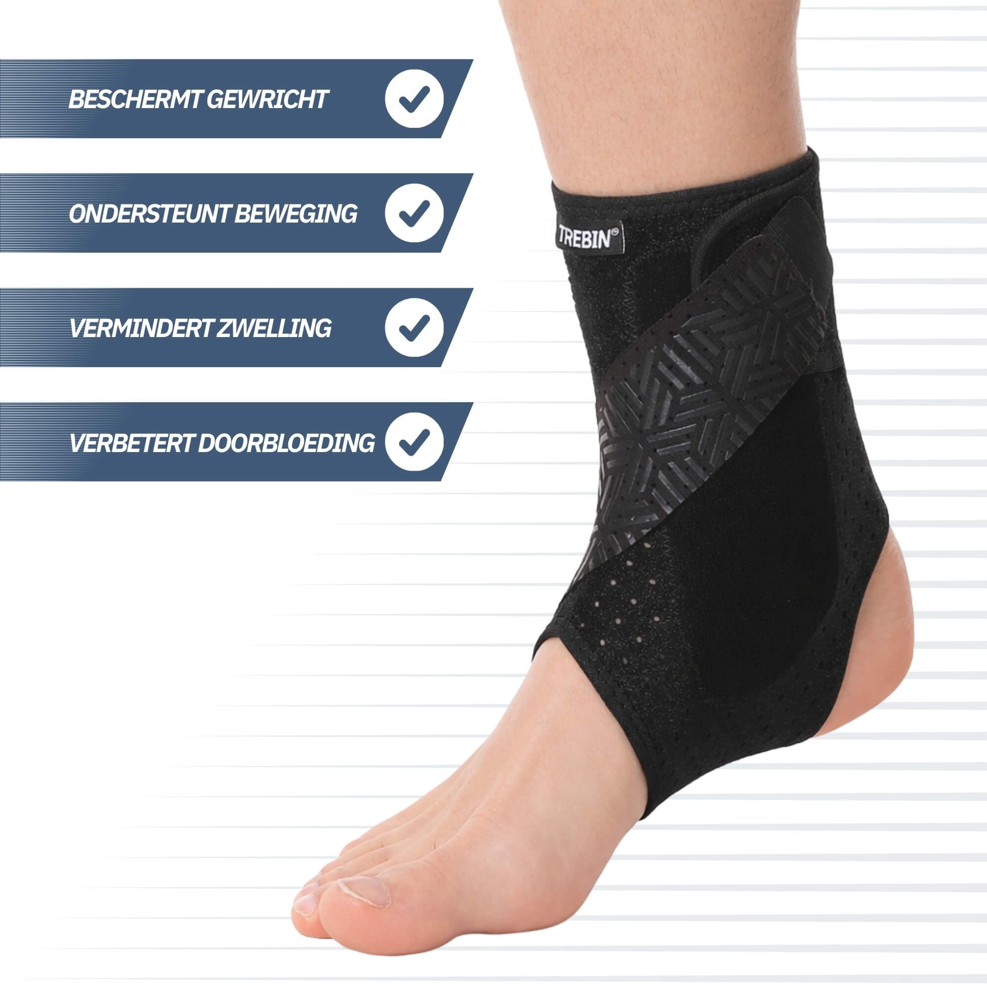 Fascia per caviglia nera con motivo geometrico e chiusure laterali in velcro.
