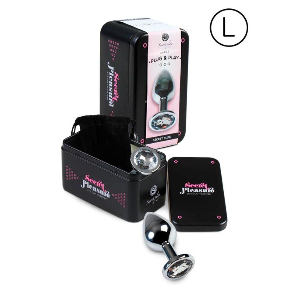 Set di plug anale con plug in metallo, scatola portaoggetti e sacchetto. Taglia L.