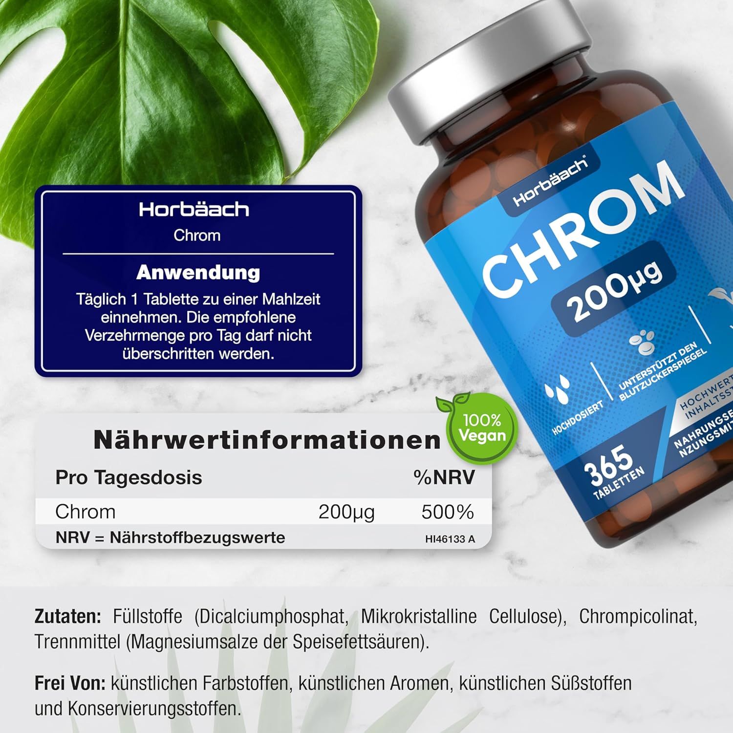Flacone marrone con etichetta blu. Contiene 365 compresse. Scritta: CHROM 200µg. Vegano. Informazioni nutrizionali.