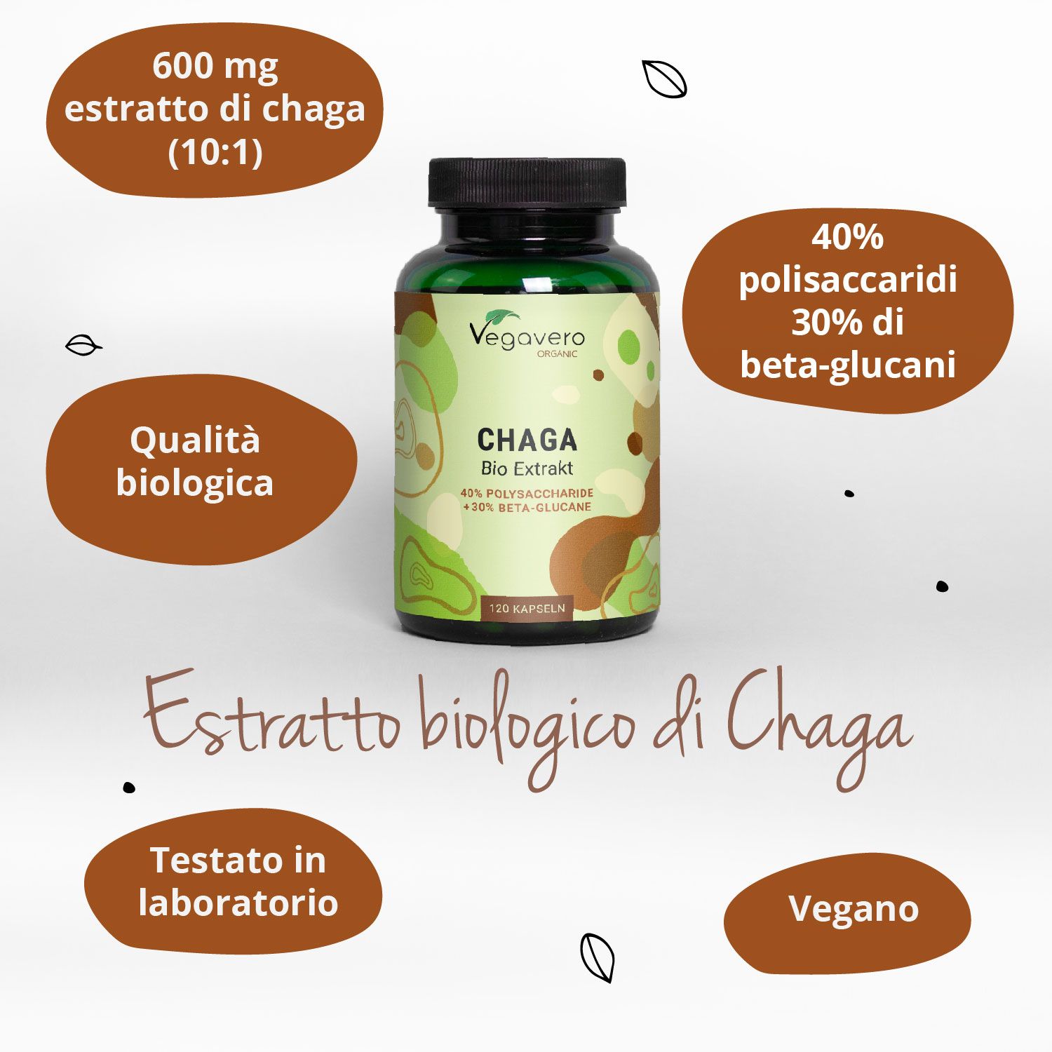 Flacone verde con Chaga Bio Extrakt. Scritta: 120 capsule, 40% polisaccaridi + 30% beta-glucani. Vegano.