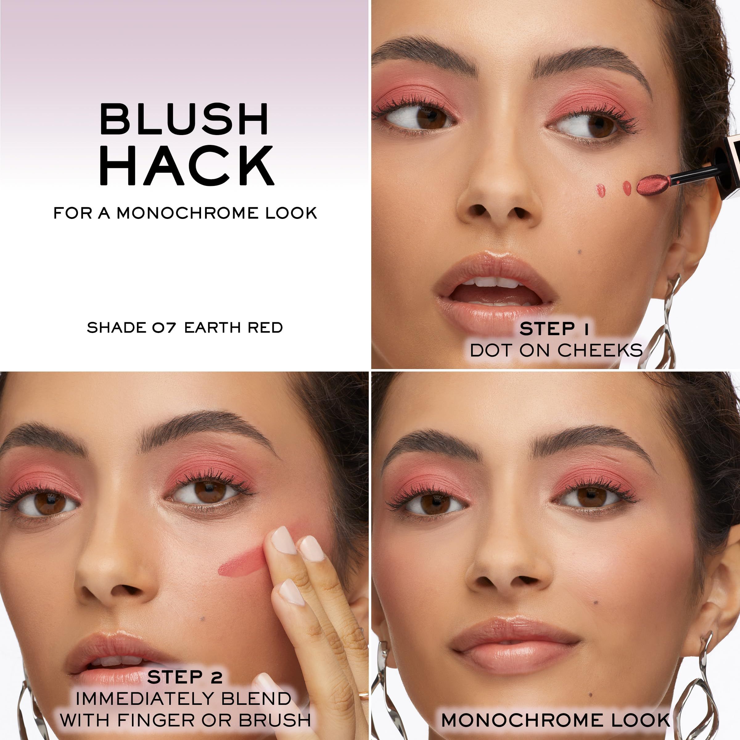 Lancôme Idôle Tint: applicazione come blush per un look monocromatico. Mostra l'applicazione e la sfumatura sulle guance.