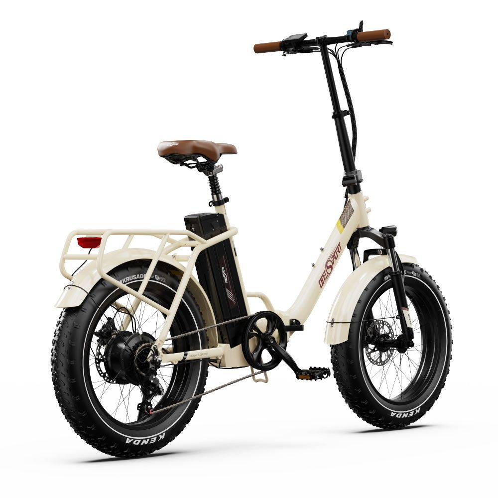 E-bike crema, sella marrone, pneumatici neri. Marchio ONESPORT. Con portapacchi e batteria.