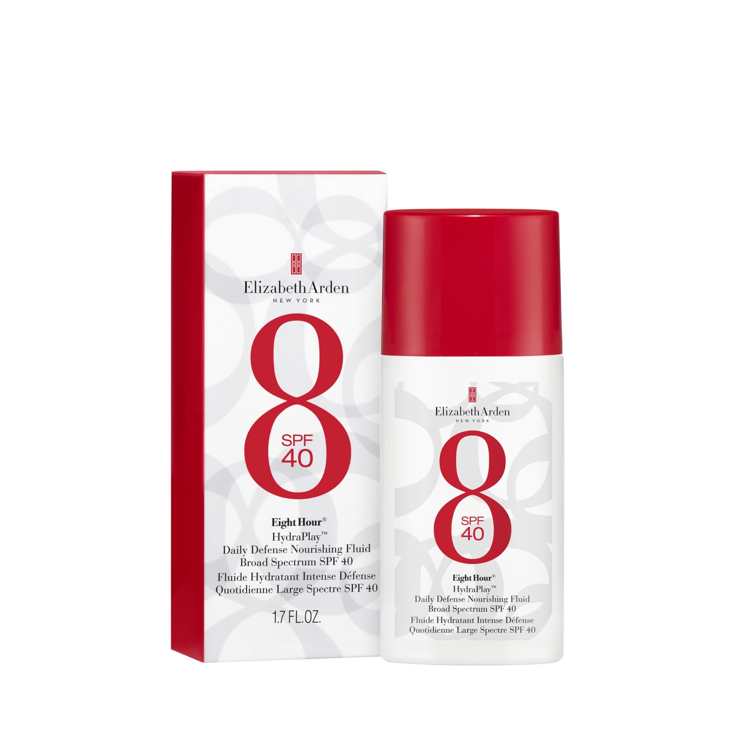Elizabeth Arden 8Hour Hydrap UV Sun Fluid SPF 40 e confezione. Flacone bianco con tappo rosso, scritte rosse e confezione.