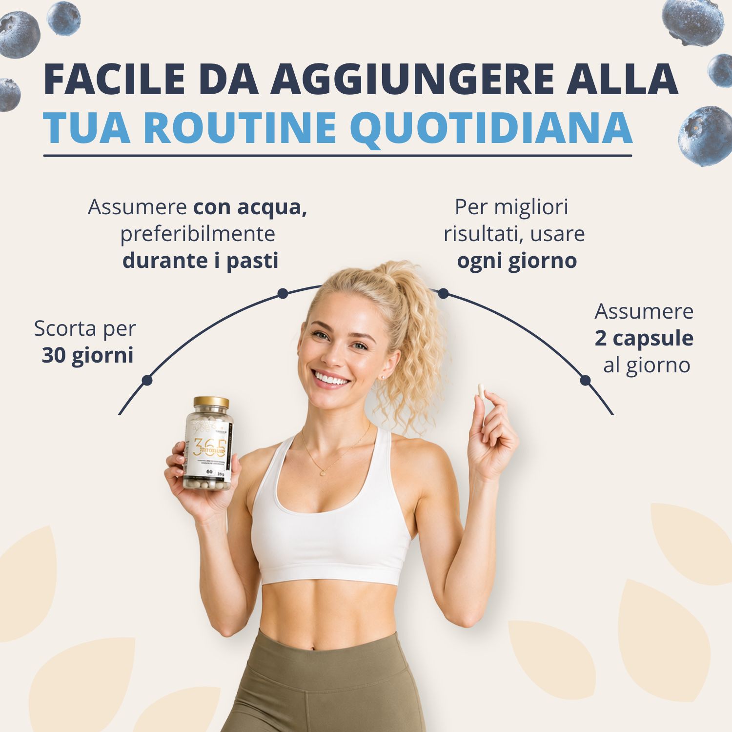 Donna tiene flacone Immuno365, integrato nella routine quotidiana, 2 capsule al giorno.