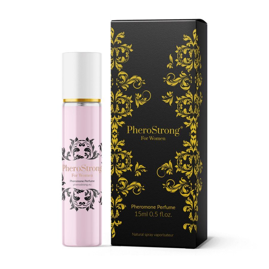 PheroStrong Pheromone Perfume for Women, flacone spray da 15ml e scatola nera con decorazioni dorate.