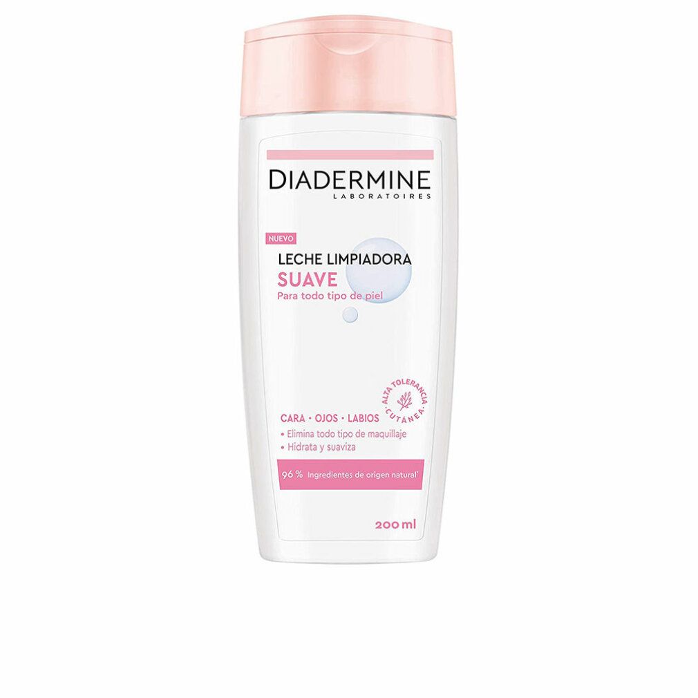 Diadermine Latte detergente. Flacone bianco, tappo rosa. Testo: 'LECHE LIMPIADORA SUAVE'. Per tutti i tipi di pelle. 200 ml.