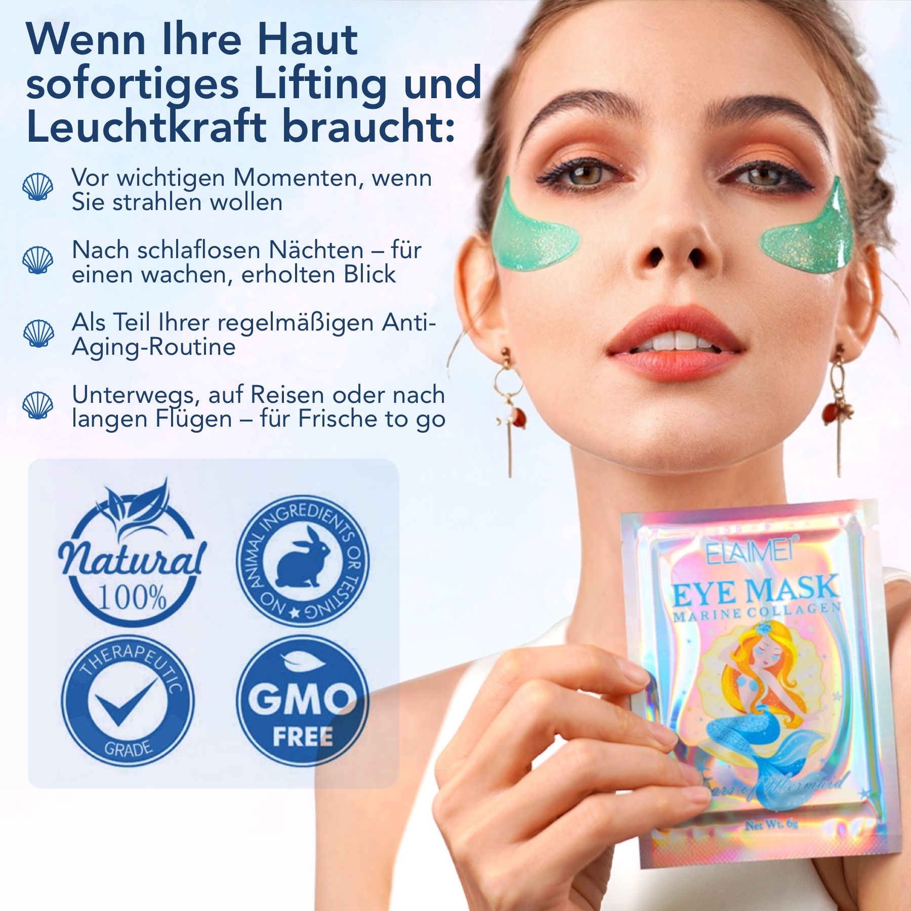 Donna con patch per occhi. Adesivi: Natural 100%, Animal Ingredients No Testing, Therapeutic Grade, GMO Free. Confezione.