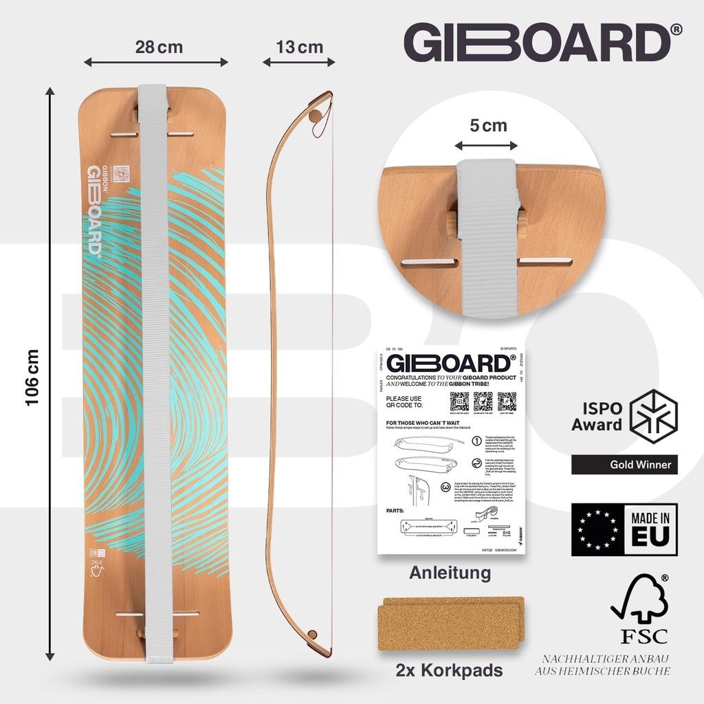 GIBOARD SET - ZEN BLUE con dimensioni: 106x28x13 cm. Include 2 pad di sughero, istruzioni, ISPO Award e certificazione FSC.
