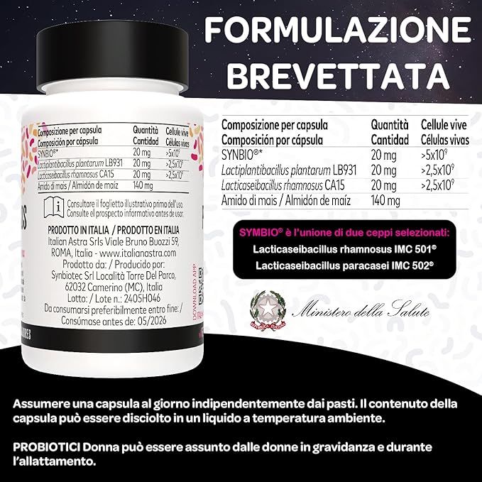 Informazioni sul prodotto su sfondo bianco. Contiene tabelle con ingredienti e valori nutrizionali. Testo in italiano e spagnolo.