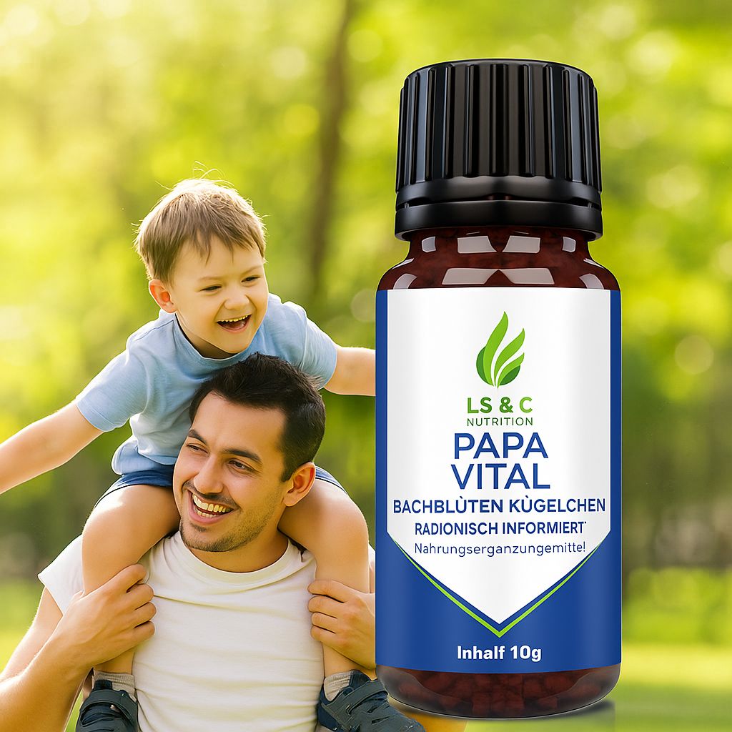 Flacone marrone con tappo nero. Etichetta Papa Vital. Padre porta bambino sulle spalle, sorridendo all'aperto.