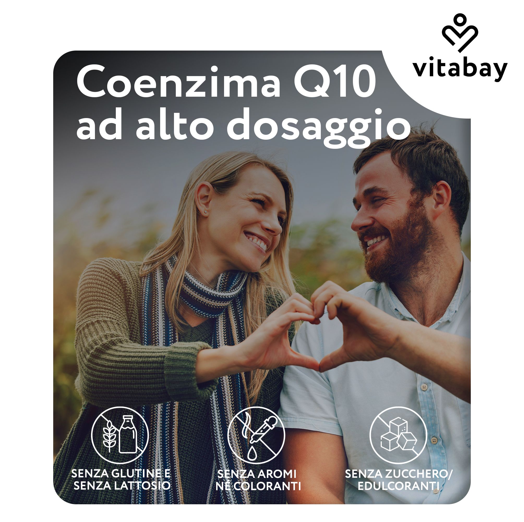 Flacone marrone con capsule. Testo: 2 capsule al giorno, 60 capsule, 400mg per dose. Logo Vitabay.