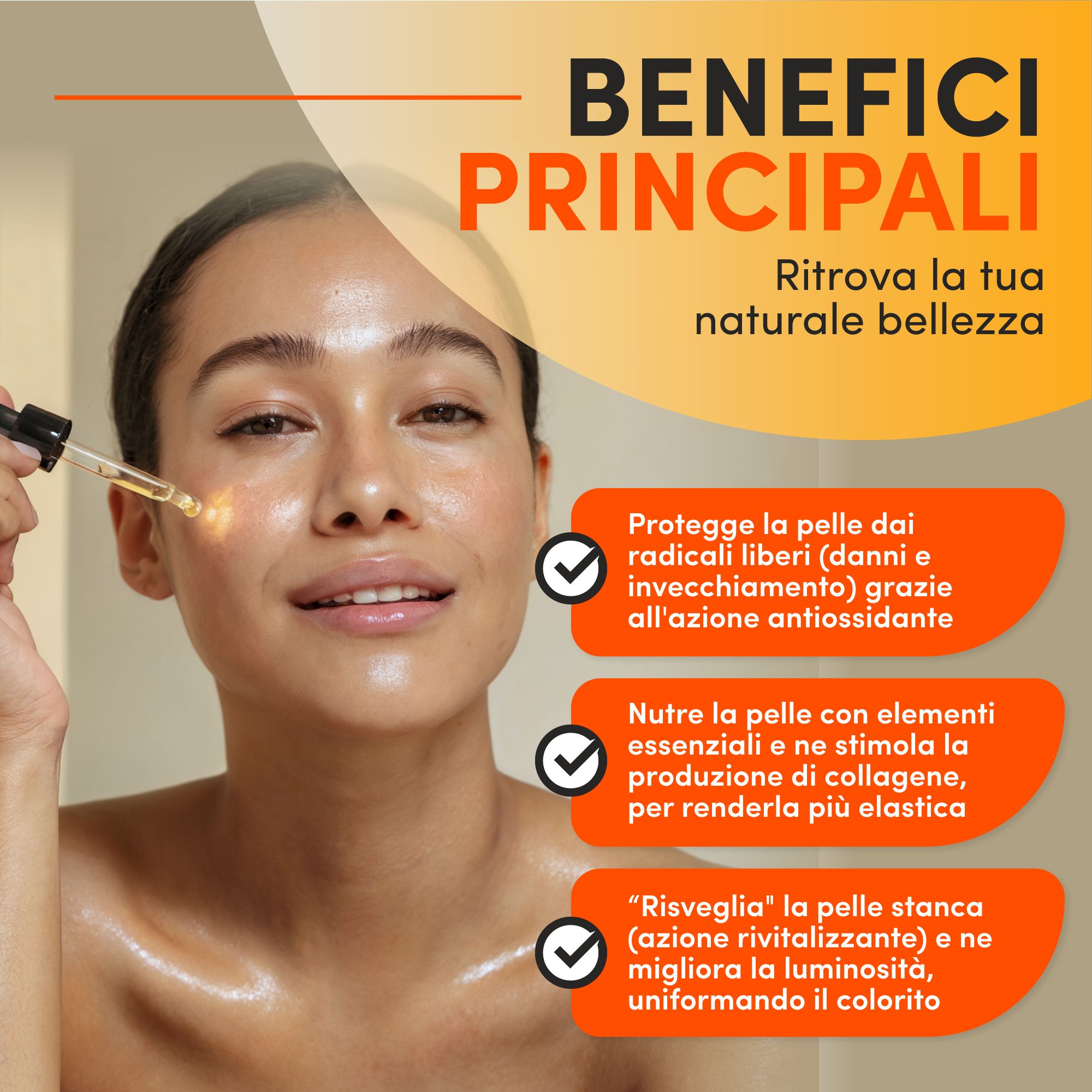 Donna con siero sul viso. Testo: Protegge dai radicali liberi, nutre la pelle, ravviva la pelle stanca. Applicazione del prodotto.