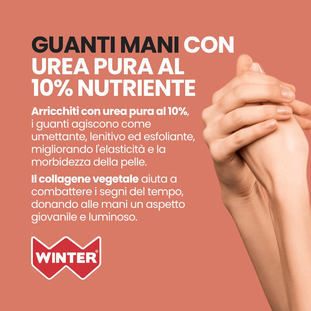 Mani con il nome del prodotto 'Winter' e testo su urea e collagene.